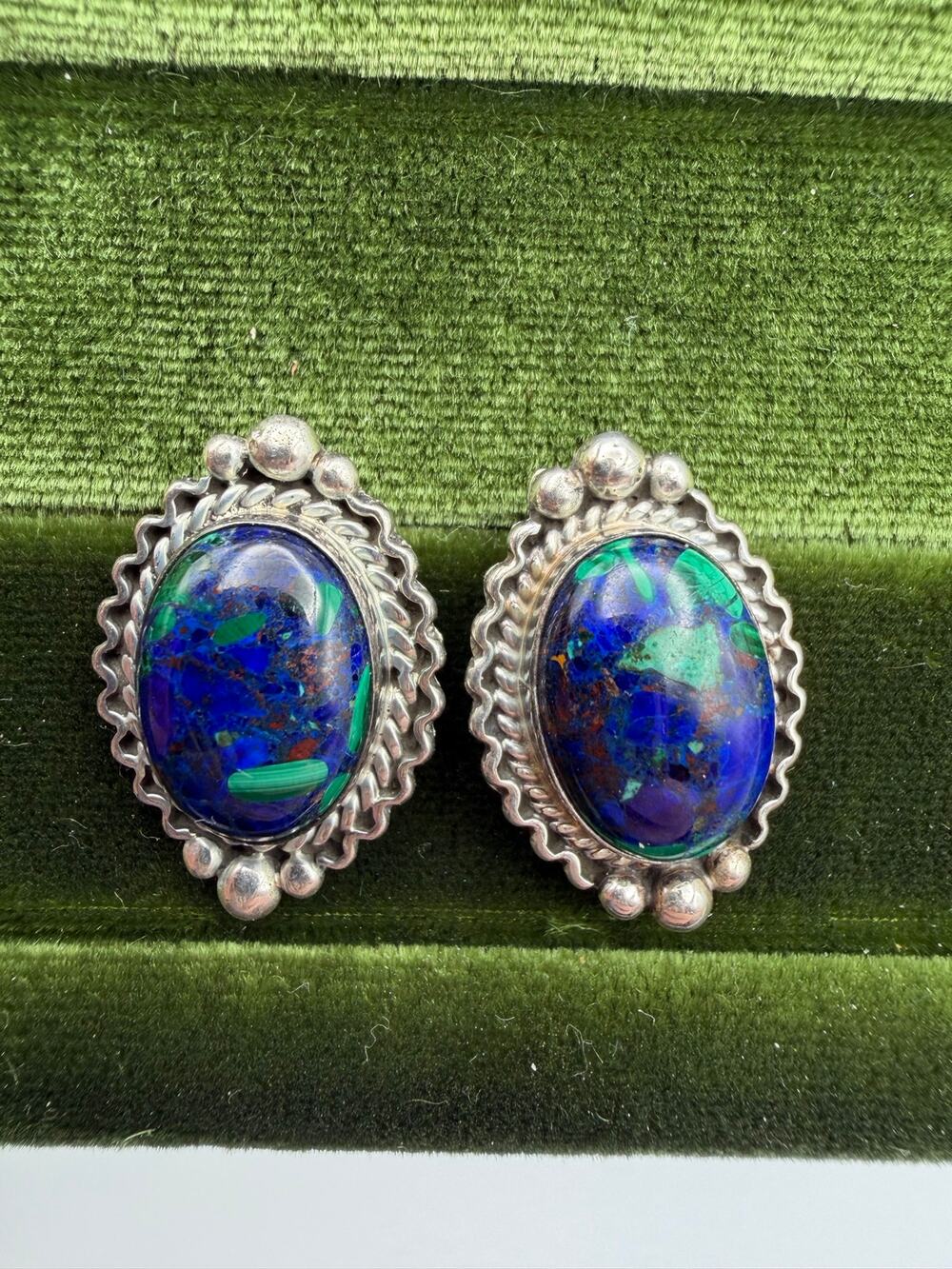 Running Bear Sterling Silver Azurite Earrings: Vintage Native American stud